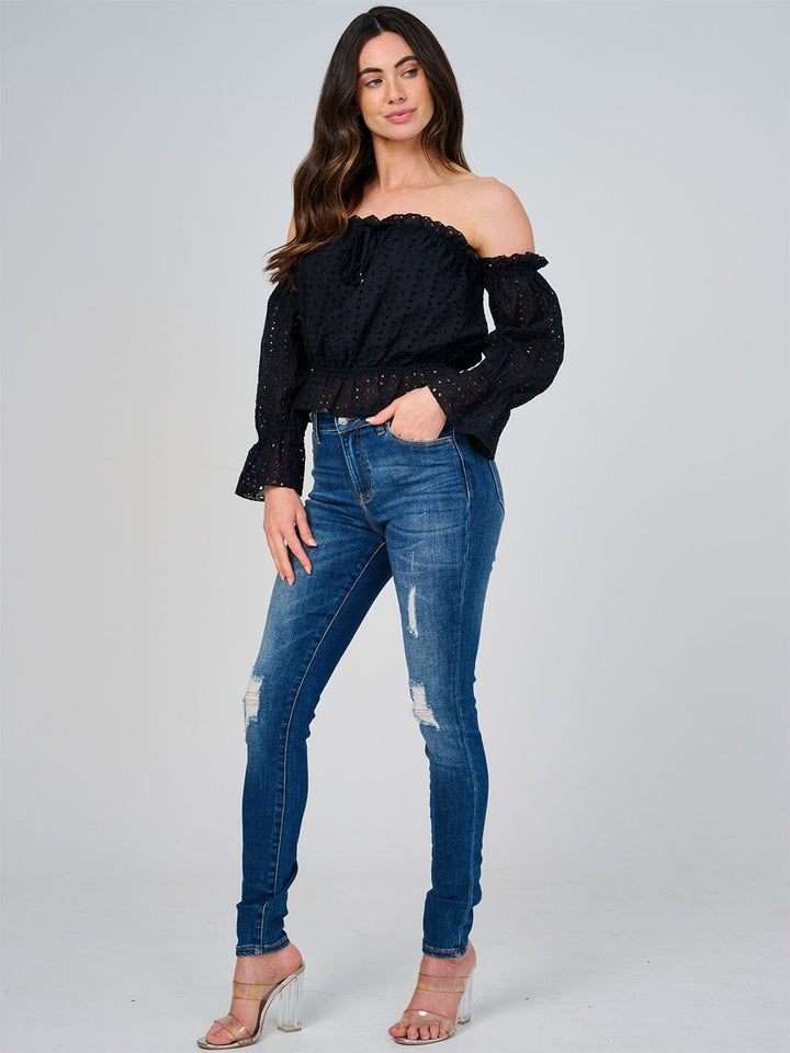 WOMEN'S OFF SHOULSER LONG SLEEVE ELASTIC WAIST EYELET TOP