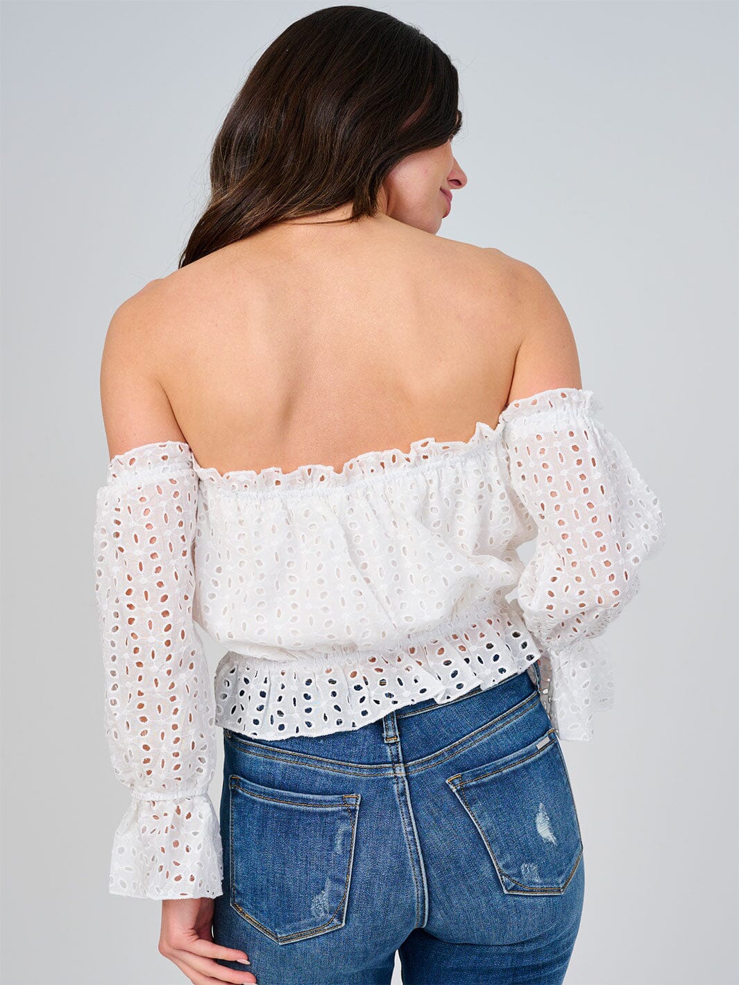 WOMEN'S OFF SHOULSER LONG SLEEVE ELASTIC WAIST EYELET TOP