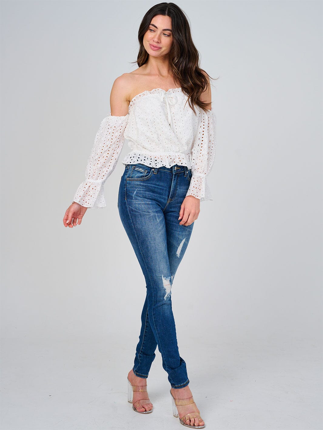WOMEN'S OFF SHOULSER LONG SLEEVE ELASTIC WAIST EYELET TOP