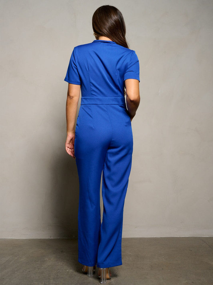 WOMEN'S SHORT SLEEVE BUTTON CLOSURE POCKETS WIDE LEG JUMPSUIT