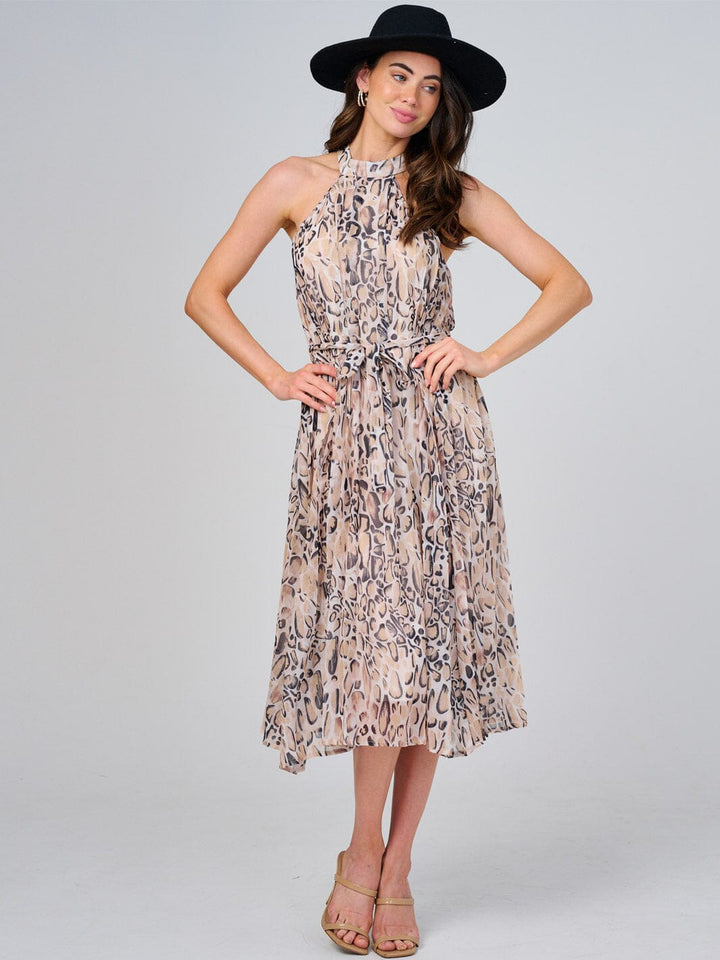 WOMEN'S SLEEVELESS HALTER NECK SELF TIE ANIMAL PRINT MIDI DRESS