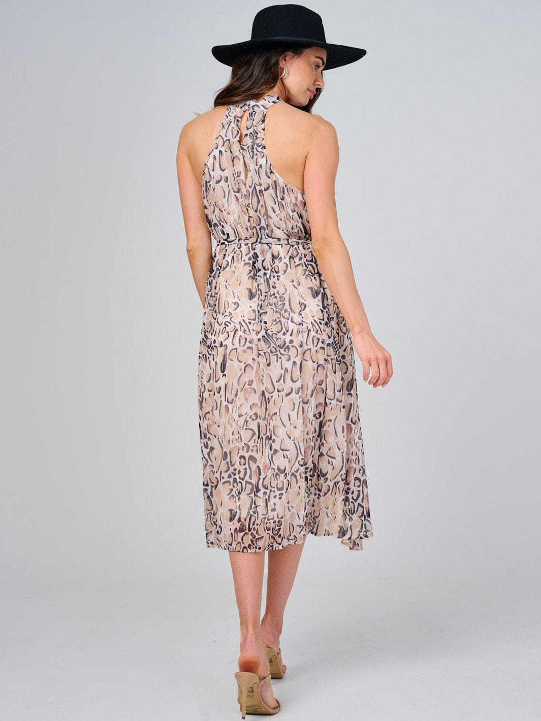 WOMEN'S SLEEVELESS HALTER NECK SELF TIE ANIMAL PRINT MIDI DRESS