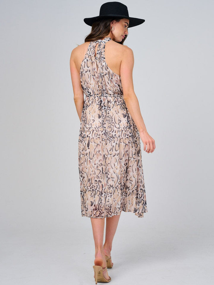 WOMEN'S SLEEVELESS HALTER NECK SELF TIE ANIMAL PRINT MIDI DRESS