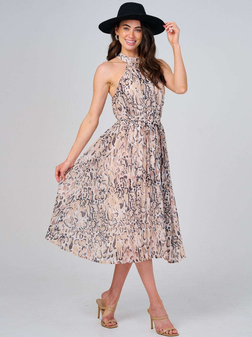 WOMEN'S SLEEVELESS HALTER NECK SELF TIE ANIMAL PRINT MIDI DRESS