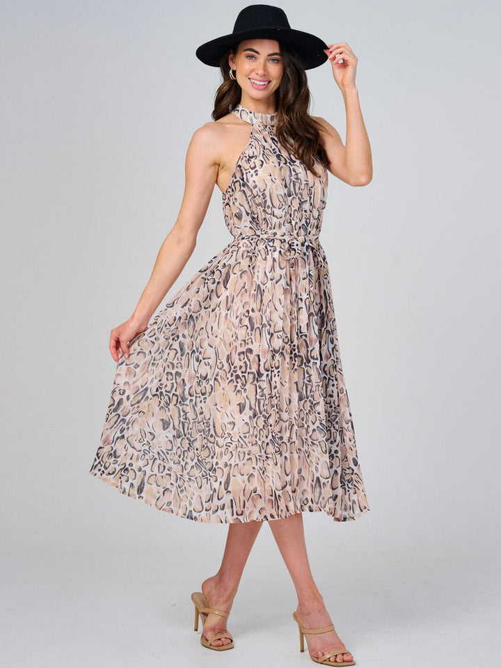 WOMEN'S SLEEVELESS HALTER NECK SELF TIE ANIMAL PRINT MIDI DRESS