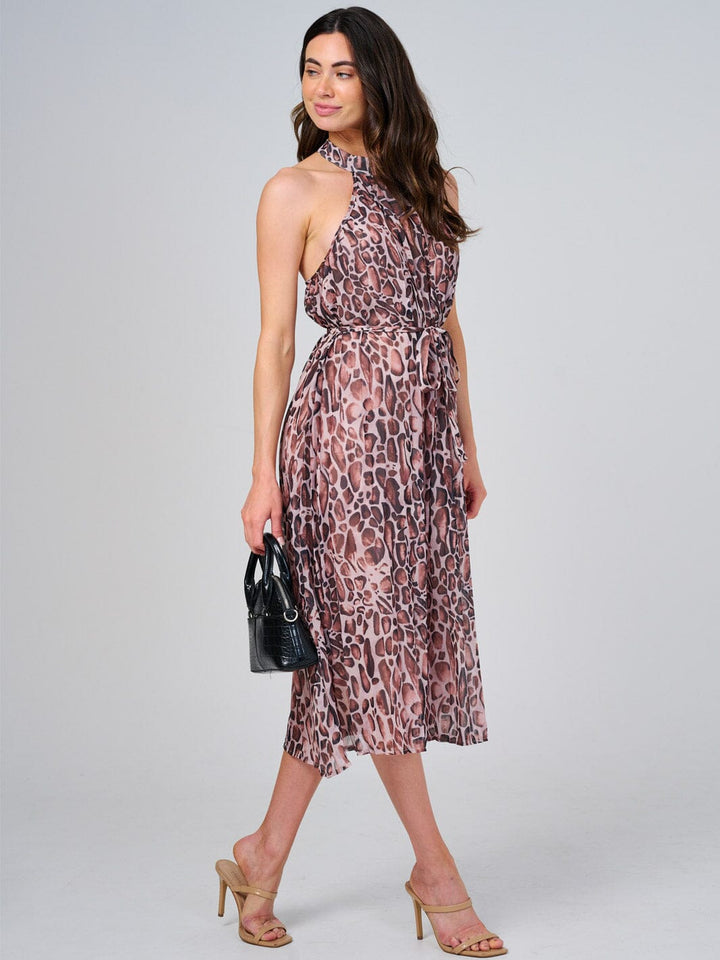 WOMEN'S SLEEVELESS HALTER NECK SELF TIE ANIMAL PRINT MIDI DRESS