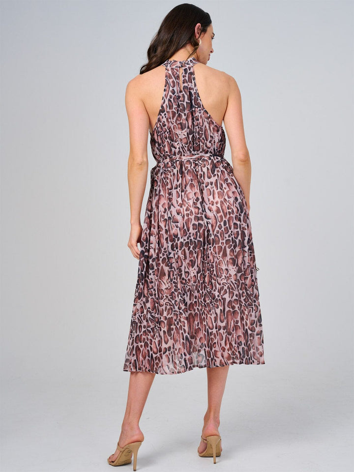 WOMEN'S SLEEVELESS HALTER NECK SELF TIE ANIMAL PRINT MIDI DRESS