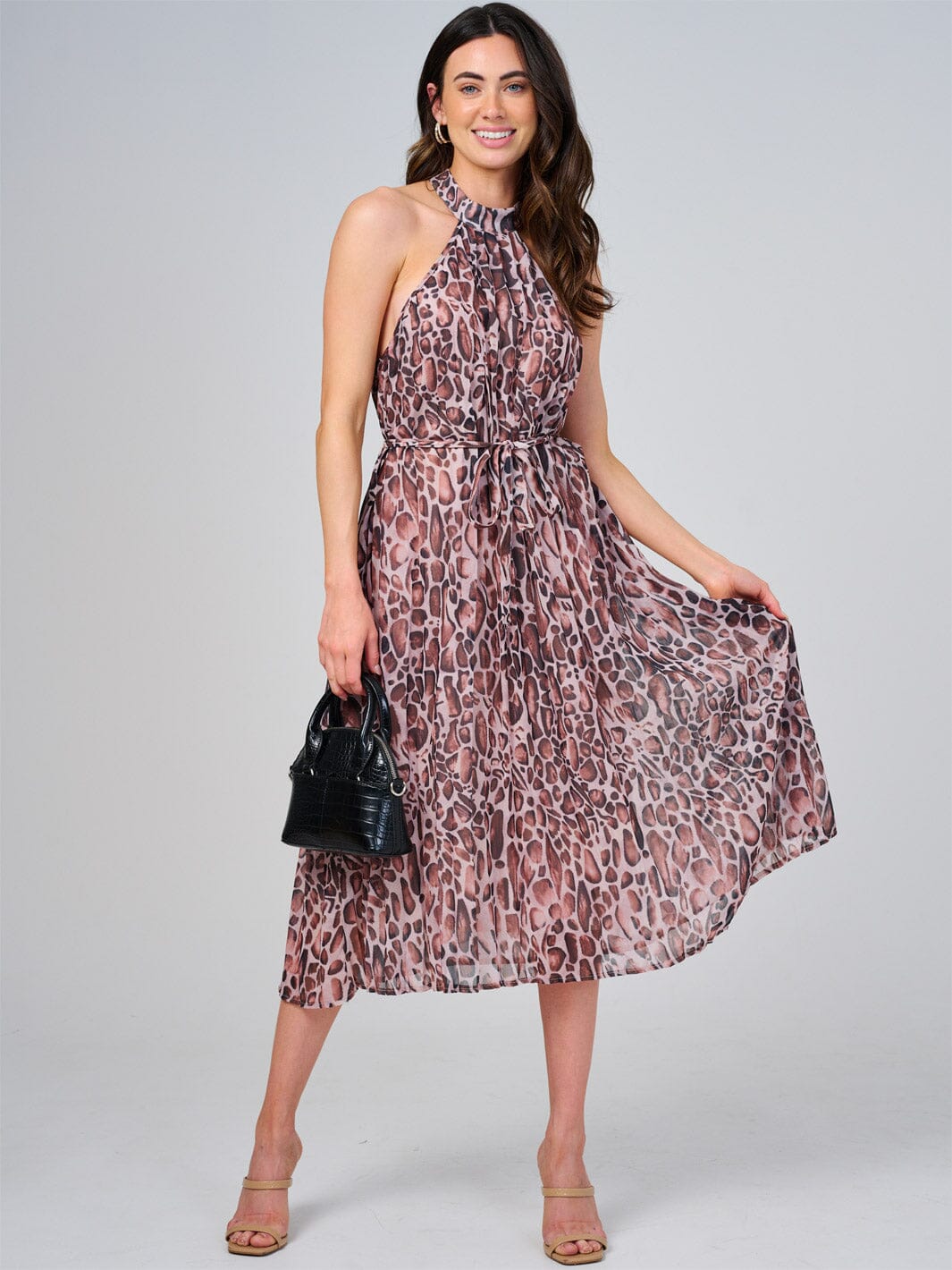 WOMEN'S SLEEVELESS HALTER NECK SELF TIE ANIMAL PRINT MIDI DRESS