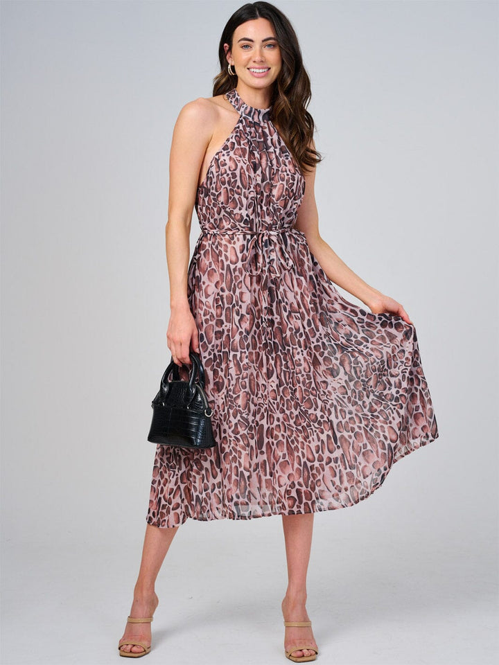 WOMEN'S SLEEVELESS HALTER NECK SELF TIE ANIMAL PRINT MIDI DRESS