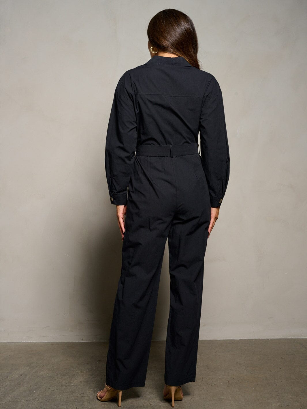 WOMEN'S LONG SLEEVE BUTTON UP POCKETS BELTED JUMPSUIT