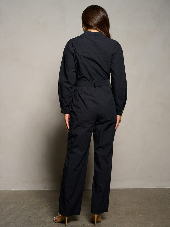 WOMEN'S LONG SLEEVE BUTTON UP POCKETS BELTED JUMPSUIT