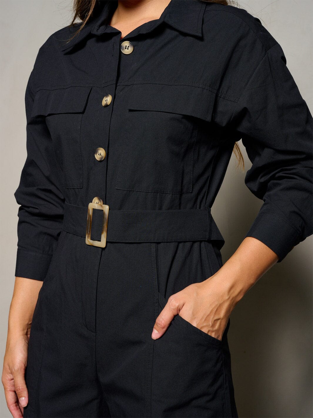 WOMEN'S LONG SLEEVE BUTTON UP POCKETS BELTED JUMPSUIT
