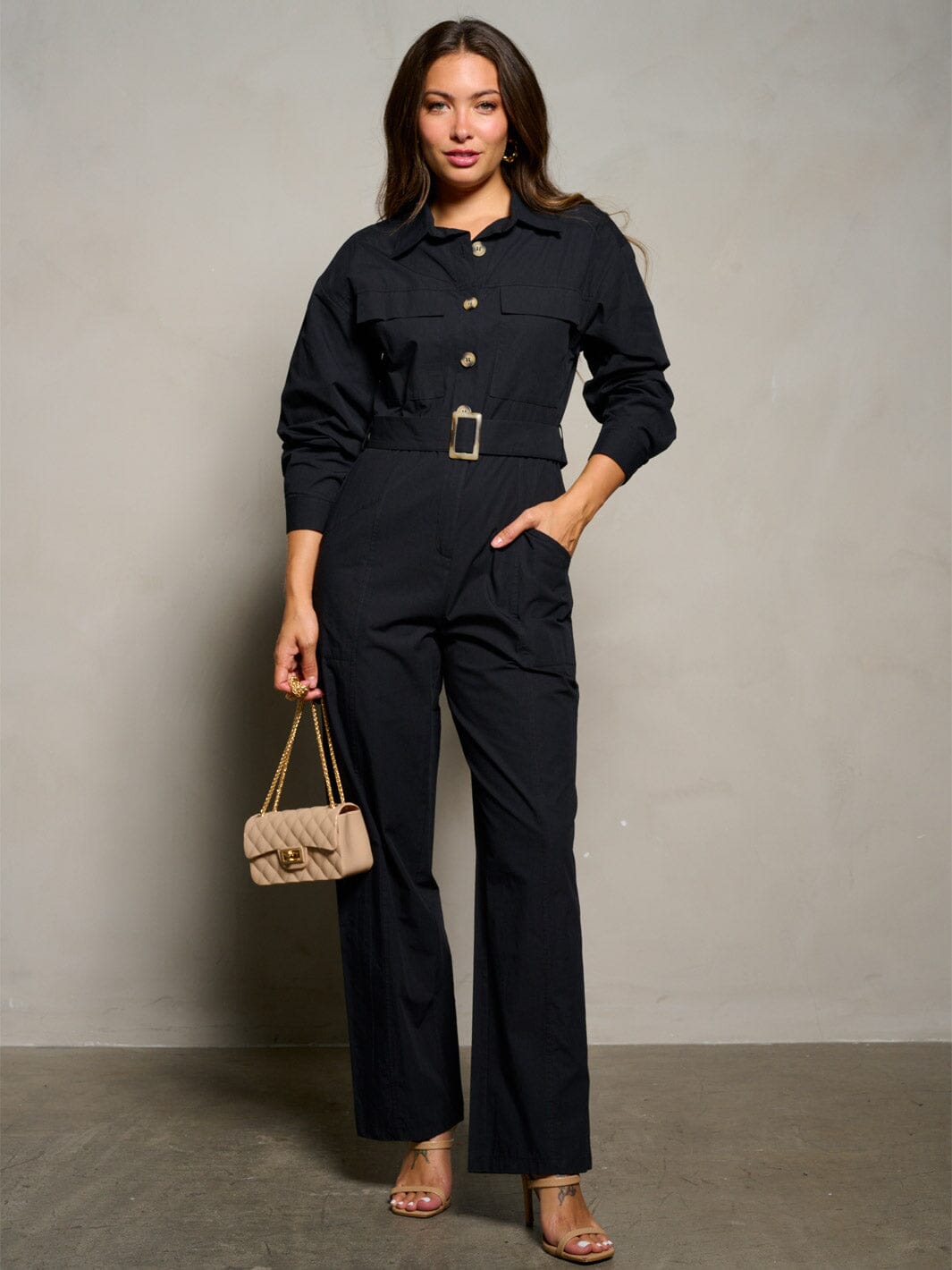 WOMEN'S LONG SLEEVE BUTTON UP POCKETS BELTED JUMPSUIT