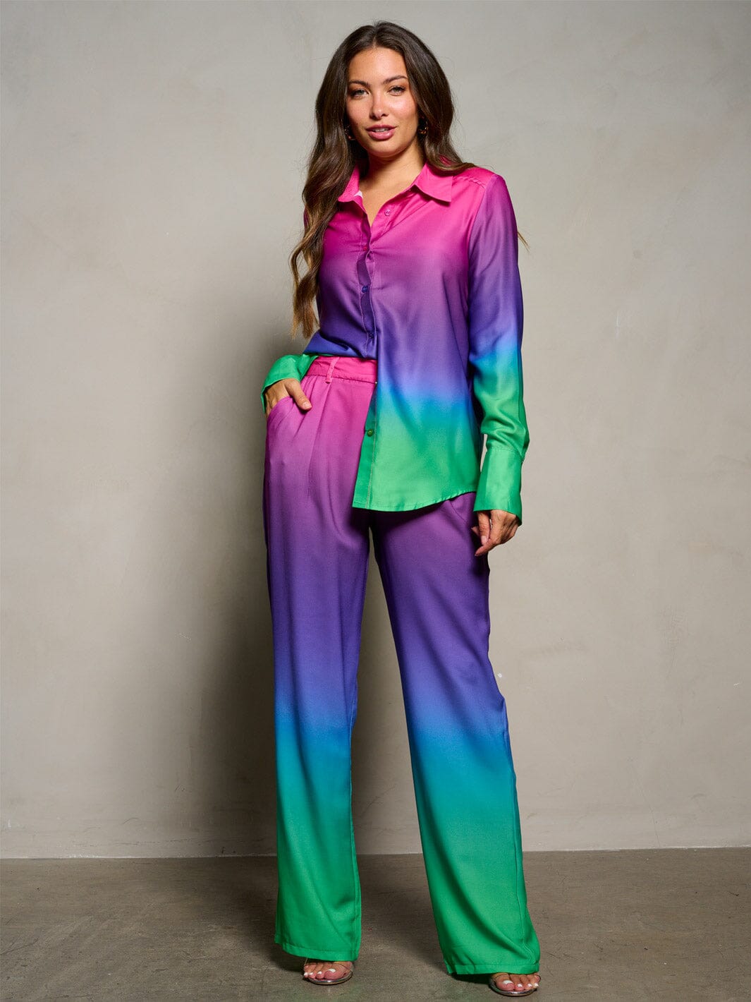 WOMEN'S LONG SLEEVE BLOUSE & WIDE LEG PANTS COLORBLOCK 2PC. SET