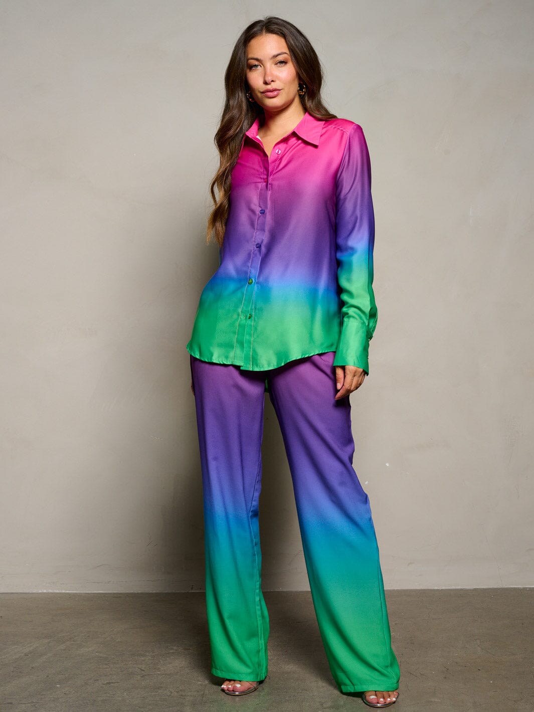 WOMEN'S LONG SLEEVE BLOUSE & WIDE LEG PANTS COLORBLOCK 2PC. SET