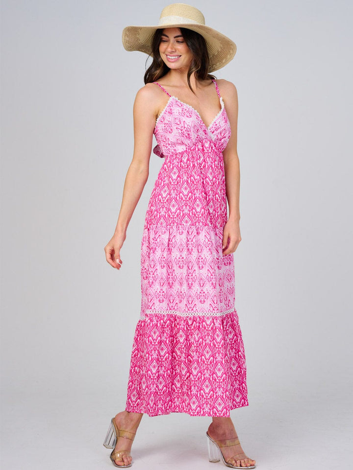 WOMEN'S SLEEVELES SURPLICE OPEN BACK TIERED MULTI PRINT MAXI DRESS
