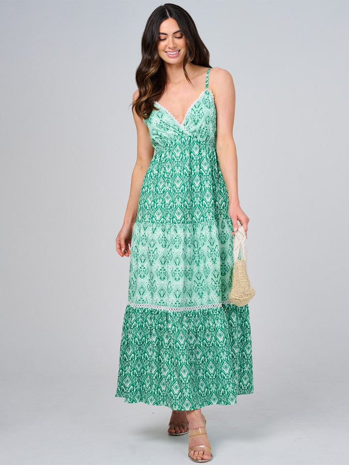 WOMEN'S SLEEVELES SURPLICE OPEN BACK TIERED MULTI PRINT MAXI DRESS