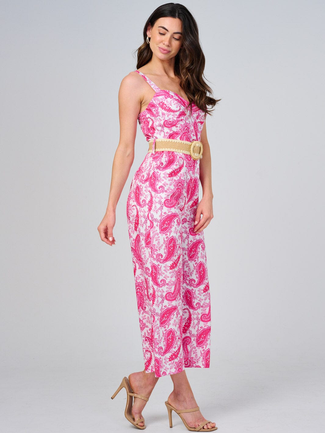 WOMEN'S SLEEVELESS V-NECK FRONT POCKETS BELTED PAISLEY PRINT JUMPSUIT