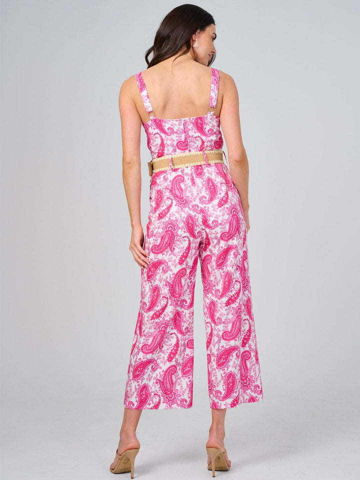 WOMEN'S SLEEVELESS V-NECK FRONT POCKETS BELTED PAISLEY PRINT JUMPSUIT