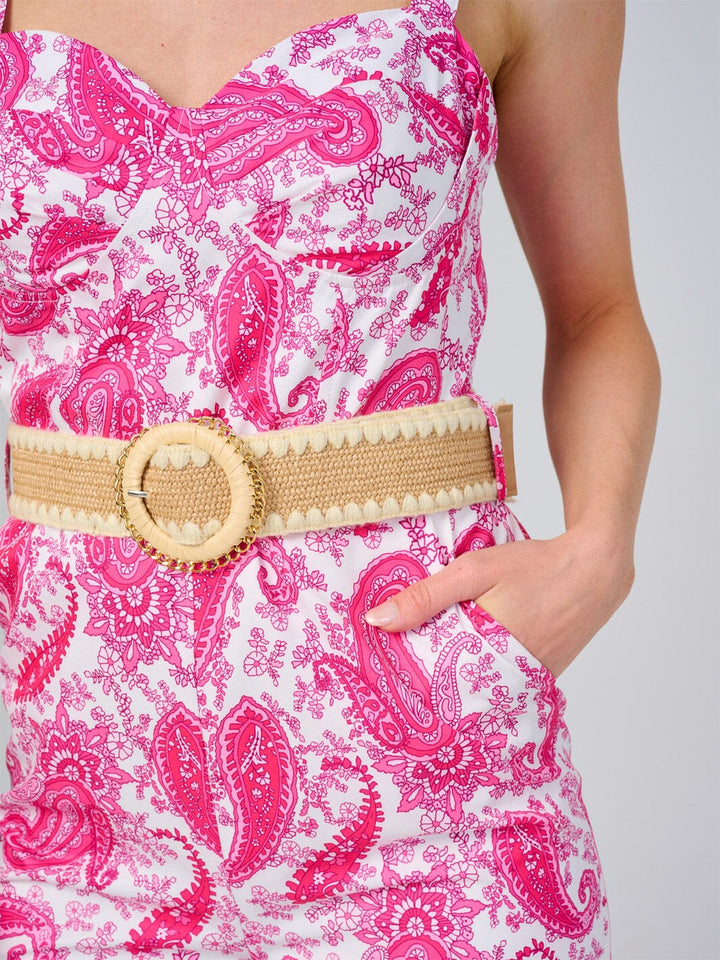 WOMEN'S SLEEVELESS V-NECK FRONT POCKETS BELTED PAISLEY PRINT JUMPSUIT