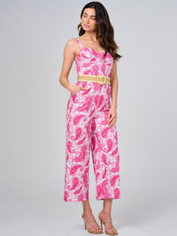 WOMEN'S SLEEVELESS V-NECK FRONT POCKETS BELTED PAISLEY PRINT JUMPSUIT