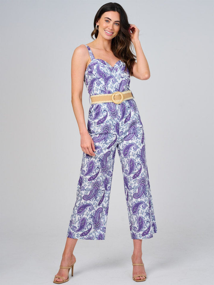 WOMEN'S SLEEVELESS V-NECK FRONT POCKETS BELTED PAISLEY PRINT JUMPSUIT