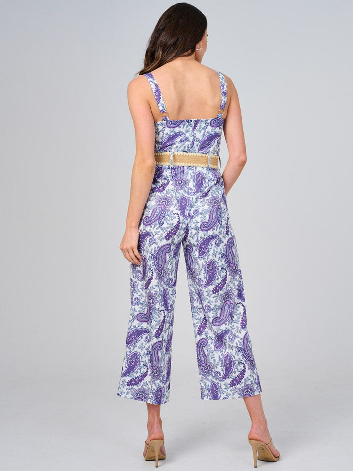 WOMEN'S SLEEVELESS V-NECK FRONT POCKETS BELTED PAISLEY PRINT JUMPSUIT