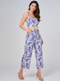 WOMEN'S SLEEVELESS V-NECK FRONT POCKETS BELTED PAISLEY PRINT JUMPSUIT