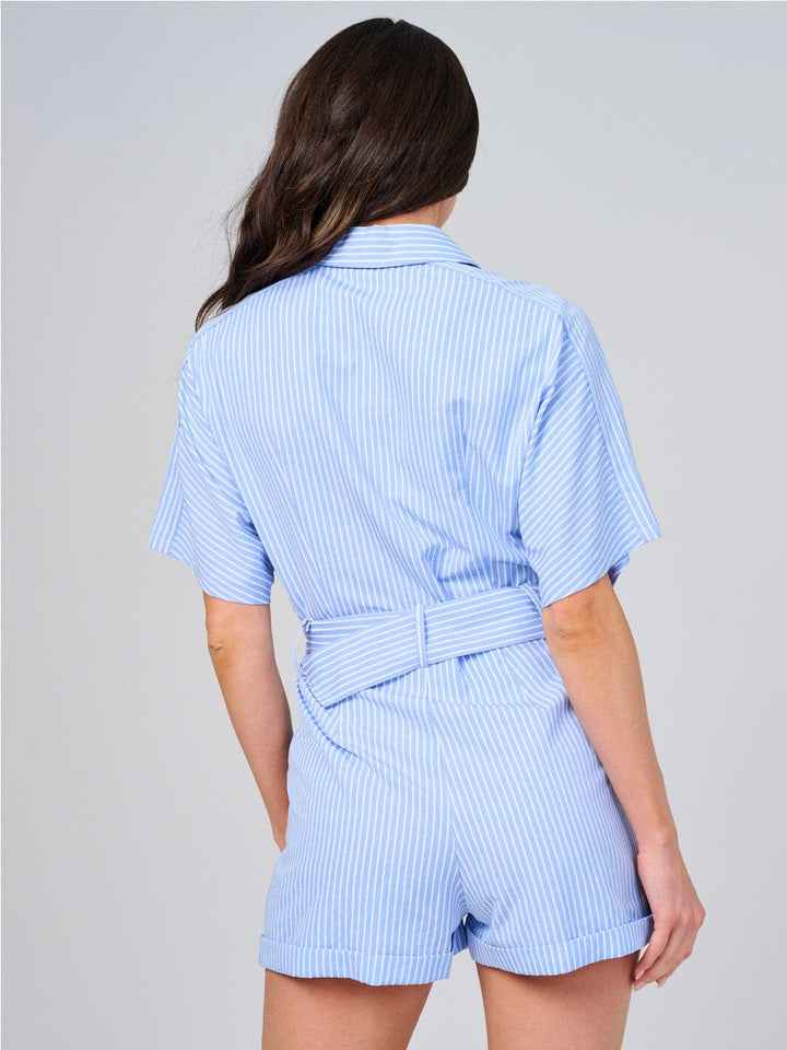 WOMEN'S SHORT SLEEVE BUTTON UP FRONT POCKETS STRIPES ROMPER