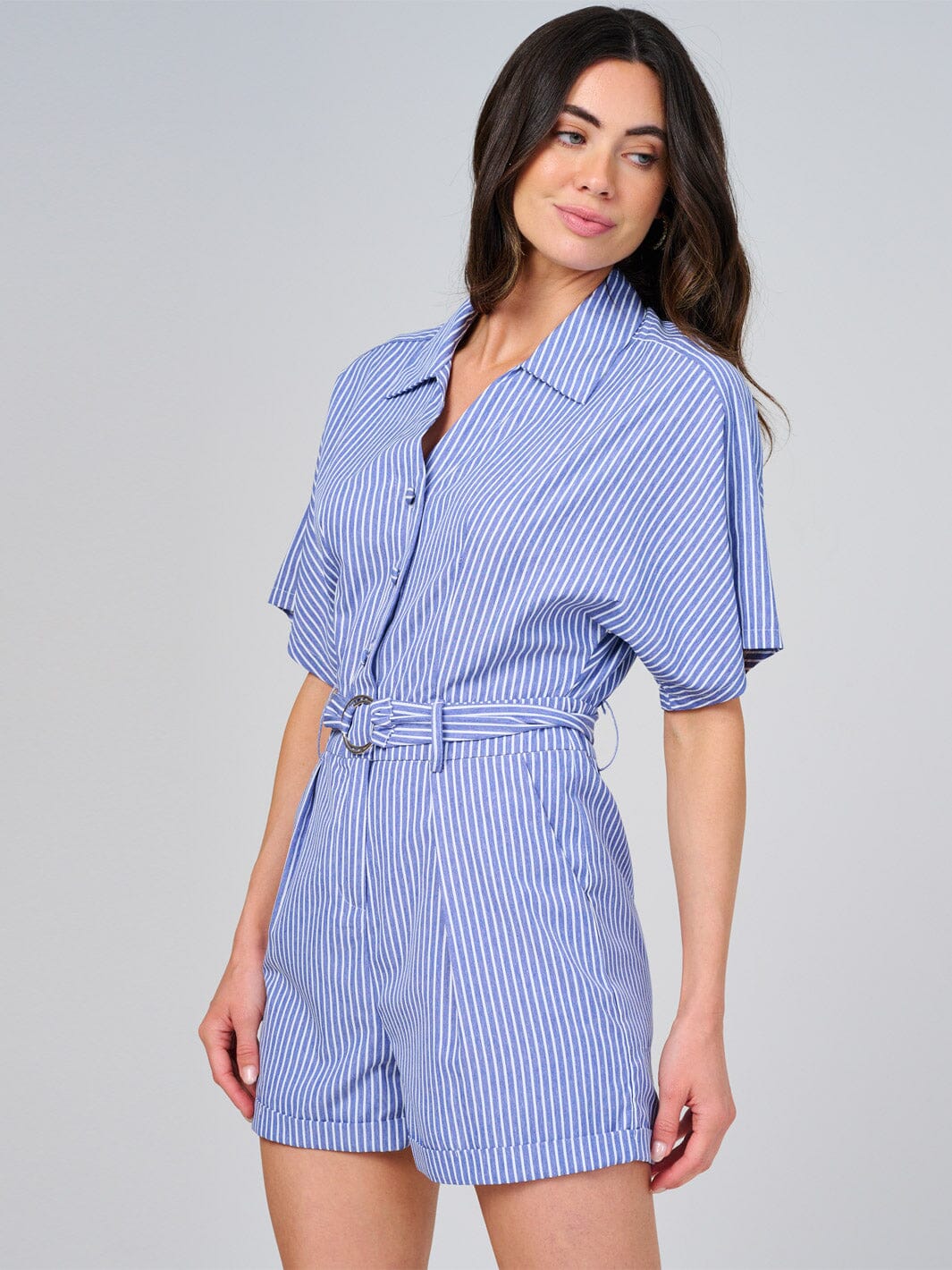 WOMEN'S SHORT SLEEVE BUTTON UP FRONT POCKETS STRIPES ROMPER