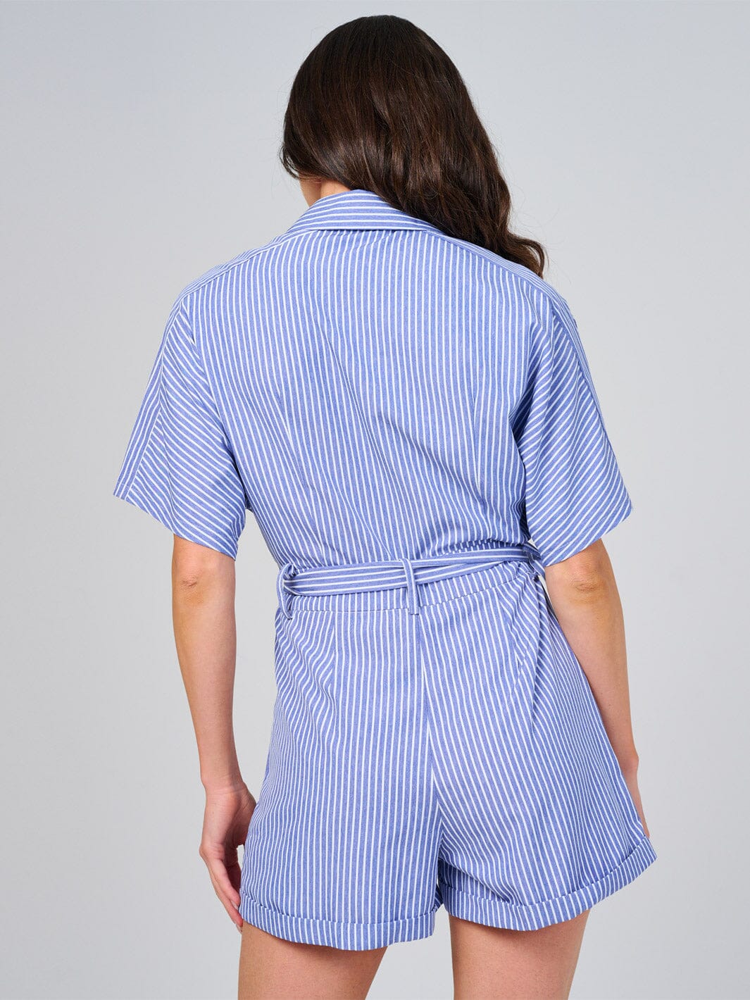 WOMEN'S SHORT SLEEVE BUTTON UP FRONT POCKETS STRIPES ROMPER