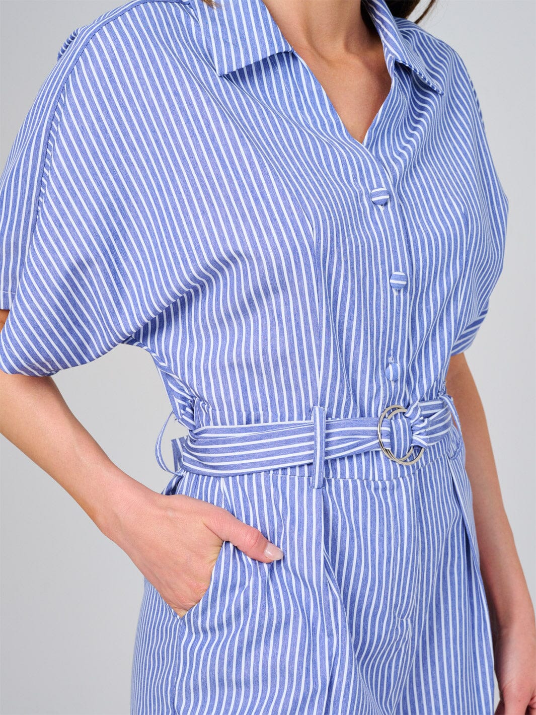 WOMEN'S SHORT SLEEVE BUTTON UP FRONT POCKETS STRIPES ROMPER