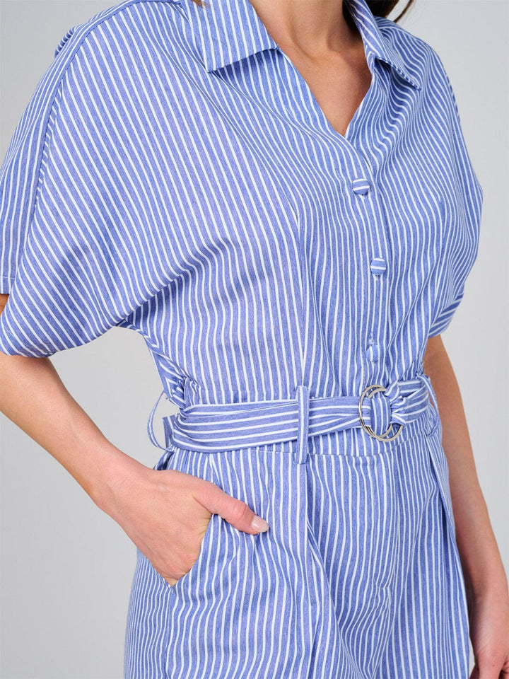 WOMEN'S SHORT SLEEVE BUTTON UP FRONT POCKETS STRIPES ROMPER