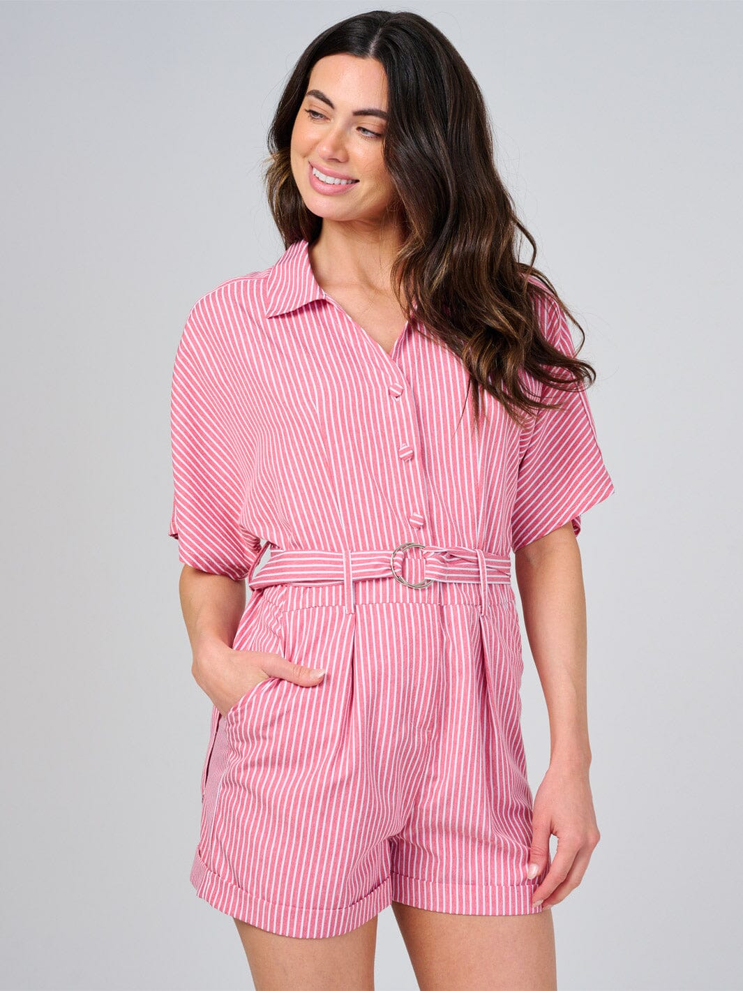 WOMEN'S SHORT SLEEVE BUTTON UP FRONT POCKETS STRIPES ROMPER