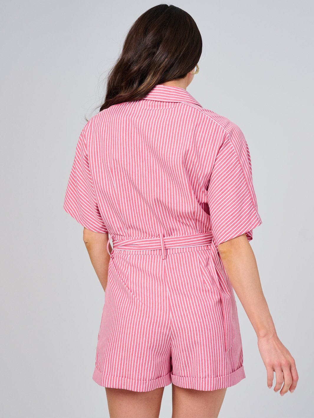 WOMEN'S SHORT SLEEVE BUTTON UP FRONT POCKETS STRIPES ROMPER