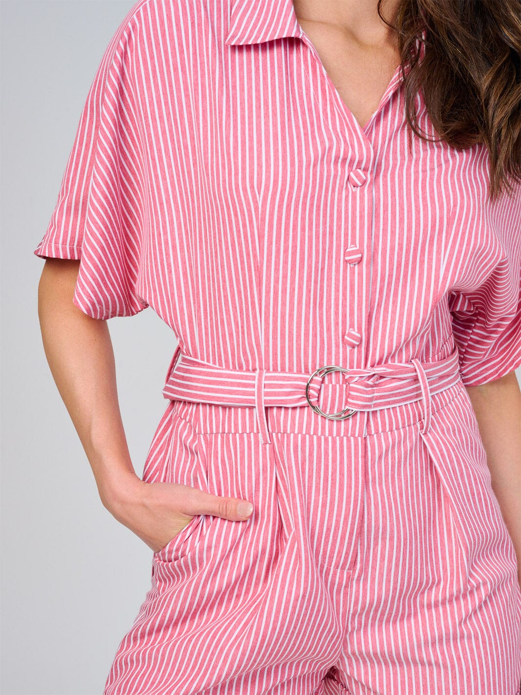 WOMEN'S SHORT SLEEVE BUTTON UP FRONT POCKETS STRIPES ROMPER