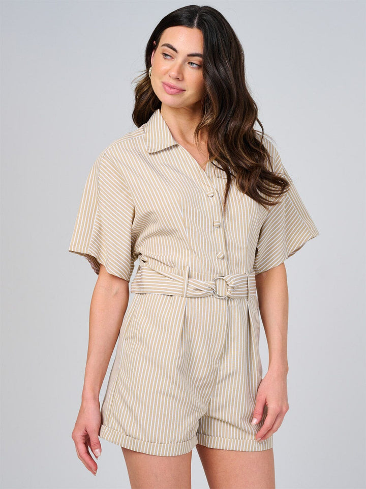 WOMEN'S SHORT SLEEVE BUTTON UP FRONT POCKETS STRIPES ROMPER