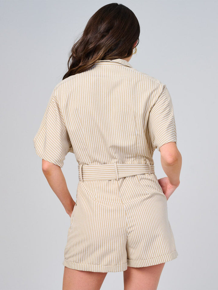 WOMEN'S SHORT SLEEVE BUTTON UP FRONT POCKETS STRIPES ROMPER
