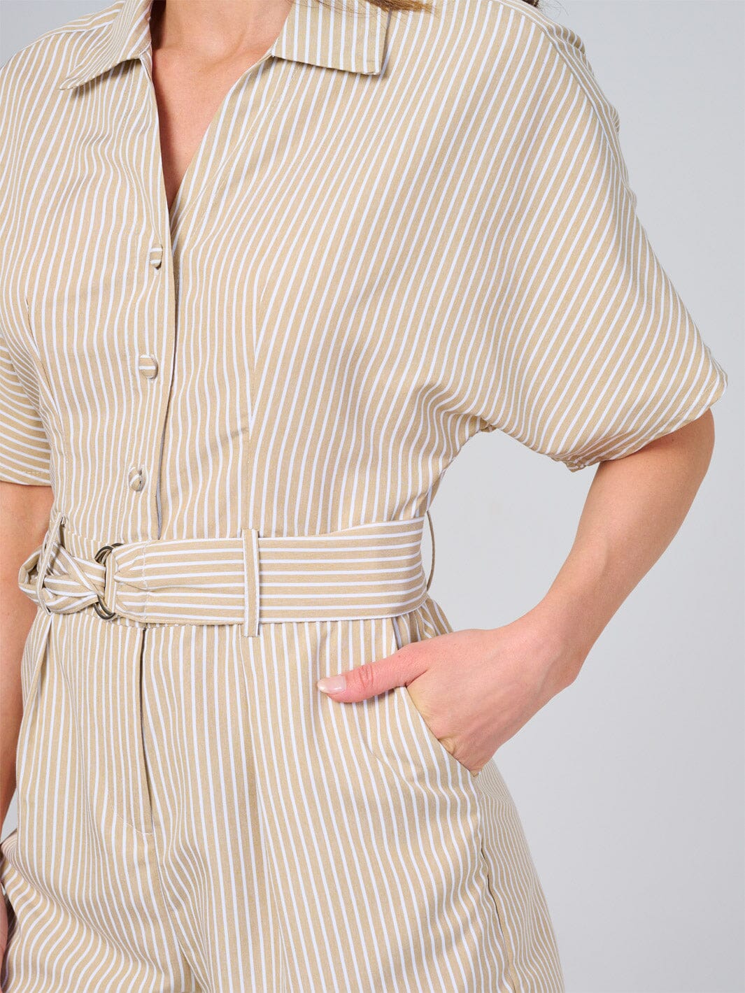 WOMEN'S SHORT SLEEVE BUTTON UP FRONT POCKETS STRIPES ROMPER
