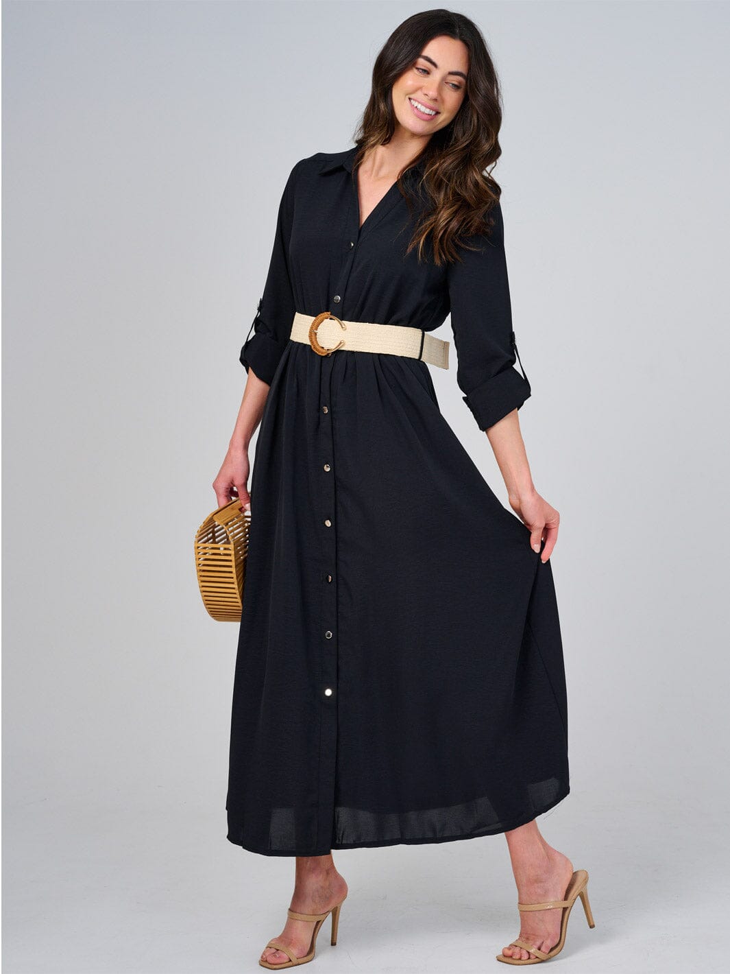 WOMEN'S LONG SLEEVE BUTTON UP BELTED MAXI DRESS