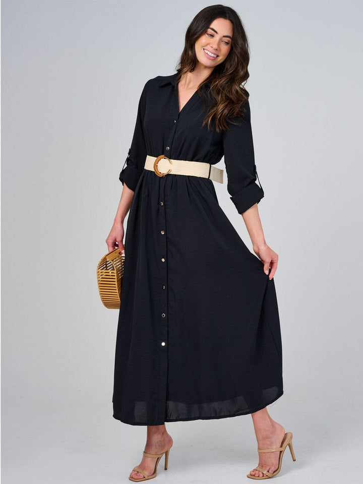 WOMEN'S LONG SLEEVE BUTTON UP BELTED MAXI DRESS