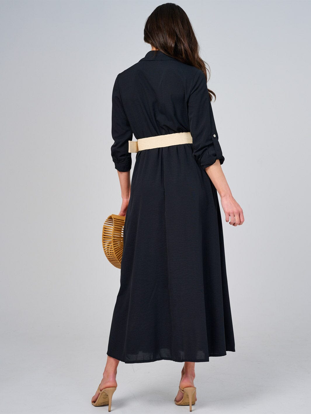 WOMEN'S LONG SLEEVE BUTTON UP BELTED MAXI DRESS