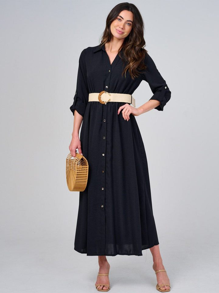 WOMEN'S LONG SLEEVE BUTTON UP BELTED MAXI DRESS