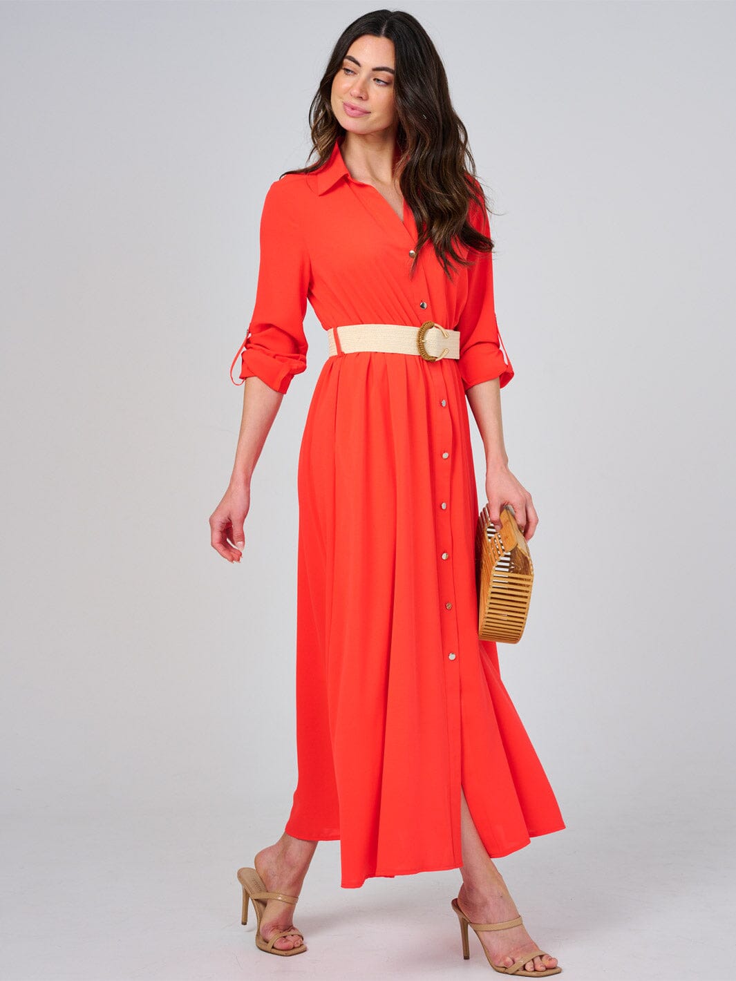 WOMEN'S LONG SLEEVE BUTTON UP BELTED MAXI DRESS
