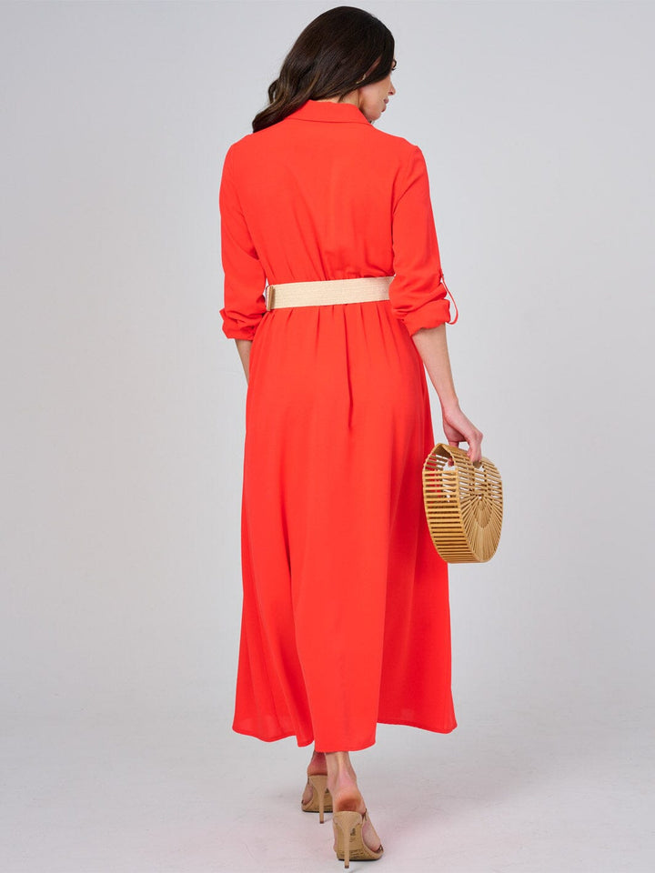 WOMEN'S LONG SLEEVE BUTTON UP BELTED MAXI DRESS
