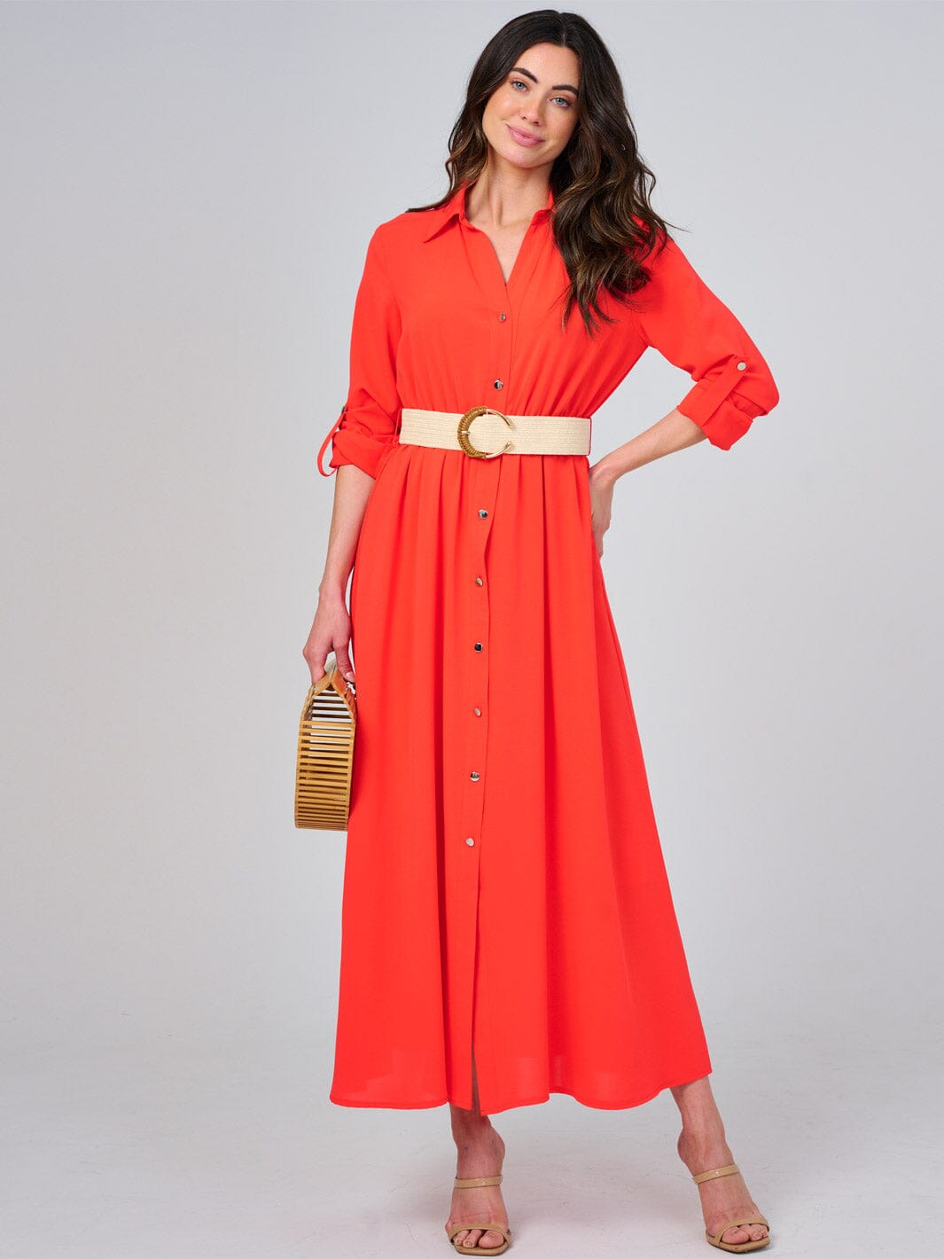 WOMEN'S LONG SLEEVE BUTTON UP BELTED MAXI DRESS