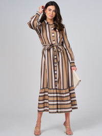 WOMEN'S LONG SLEEVE BUTTON UP FRONT POCKETS COLORBLOCK STRIPES MAXI DRESS