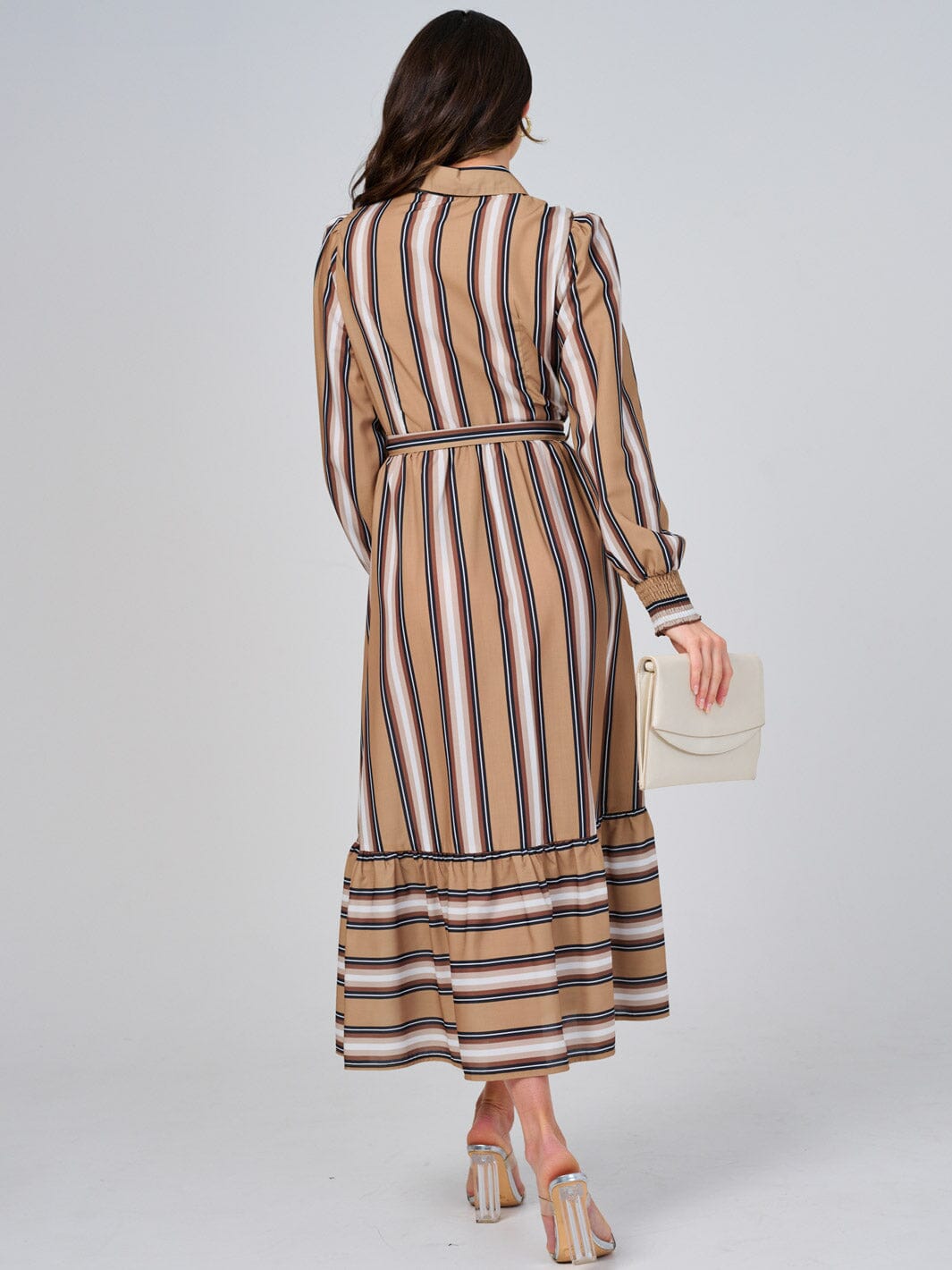 WOMEN'S LONG SLEEVE BUTTON UP FRONT POCKETS COLORBLOCK STRIPES MAXI DRESS