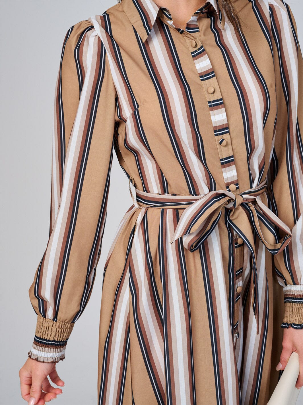 WOMEN'S LONG SLEEVE BUTTON UP FRONT POCKETS COLORBLOCK STRIPES MAXI DRESS