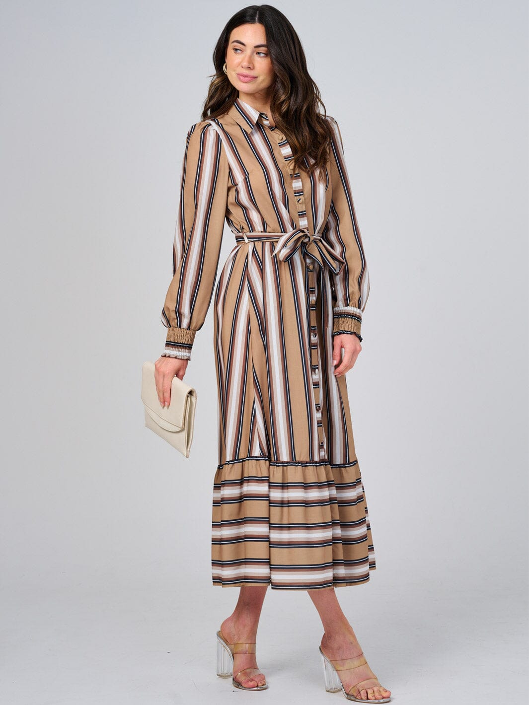 WOMEN'S LONG SLEEVE BUTTON UP FRONT POCKETS COLORBLOCK STRIPES MAXI DRESS